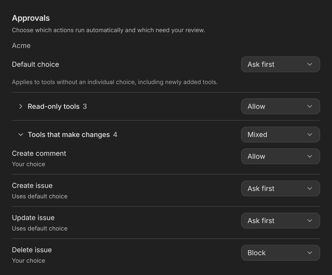 Approvals for the Linear connection in Opengeni: default choice Ask first, read-only tools Allow, and per-action choices Allow, Ask first and Block.