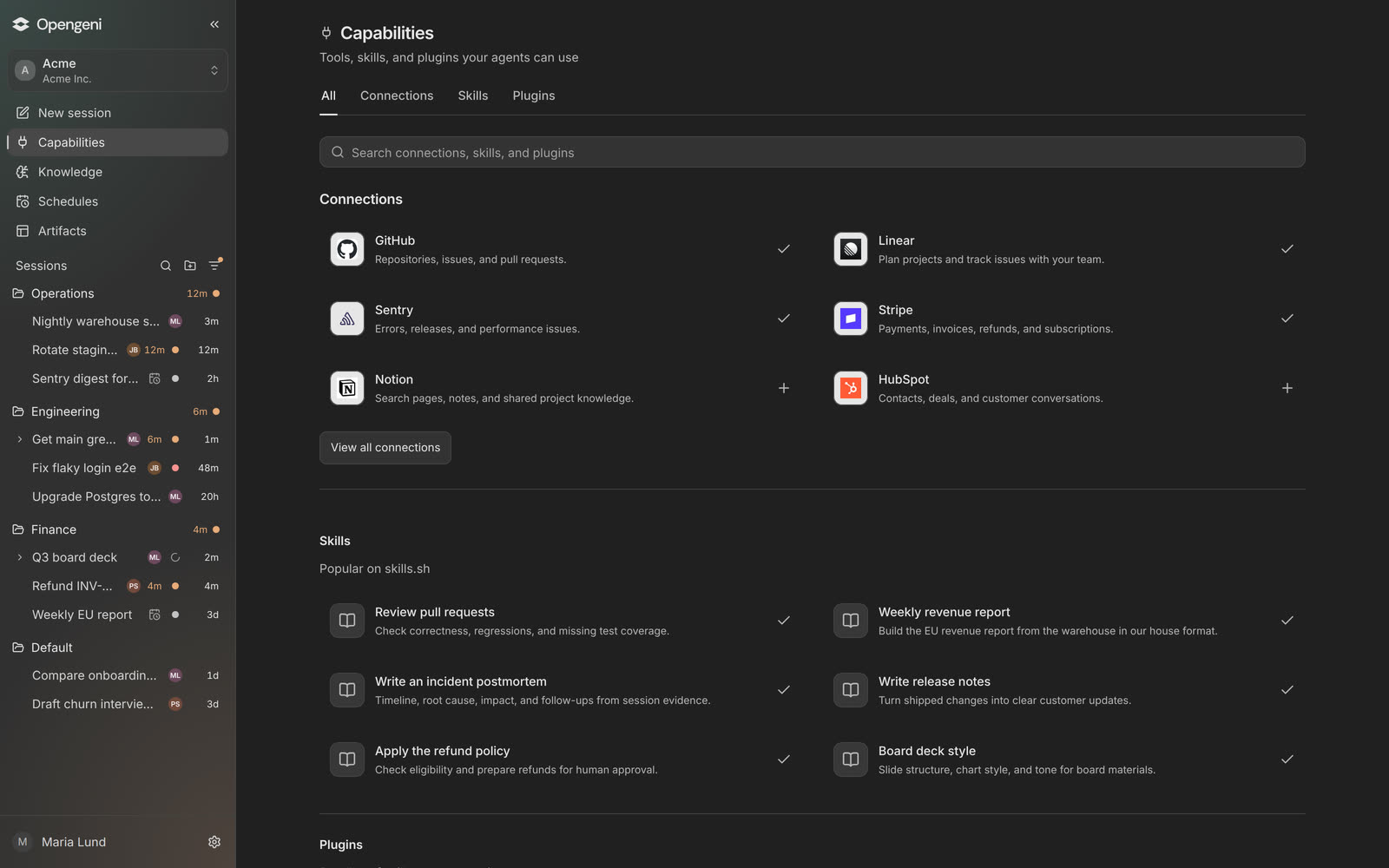 Capabilities in Opengeni: GitHub, Linear, Sentry and Stripe connected for the workspace, with more connections to add.
