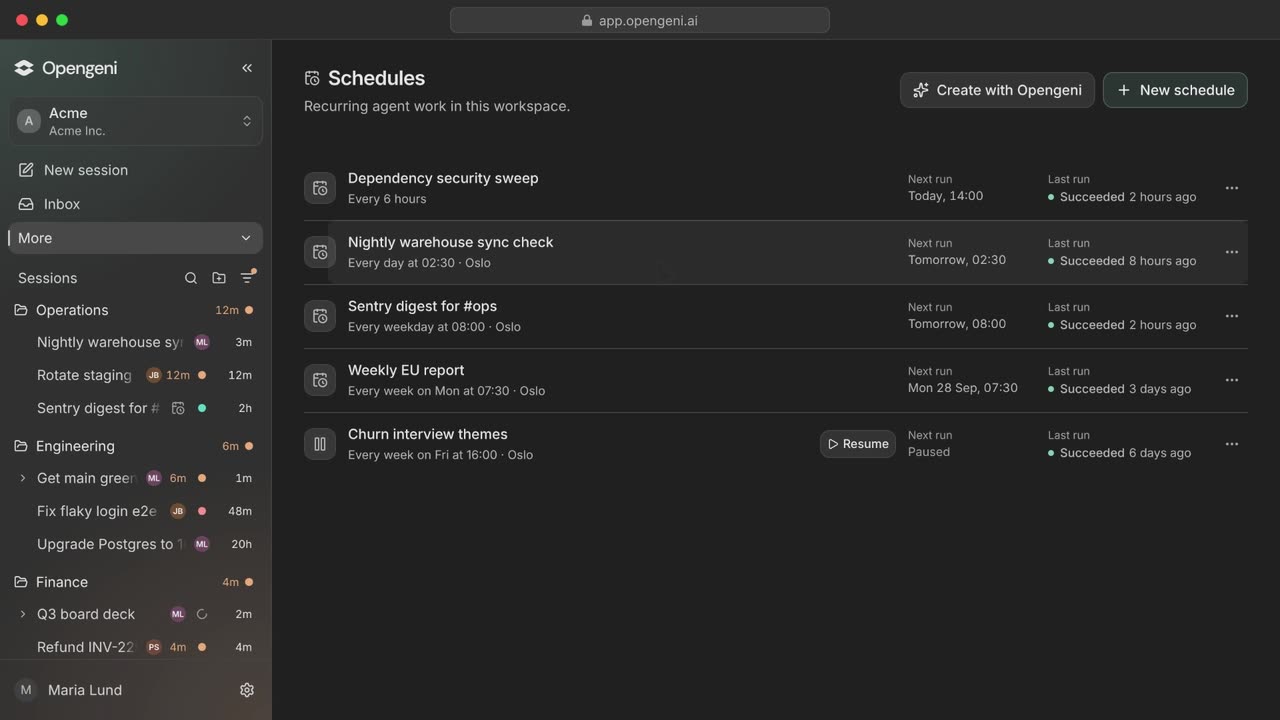 A follow-up asks Opengeni to check the warehouse sync every night at 02:30 and tell #ops if it fails. Opengeni creates the schedule, which then appears on the Schedules page.