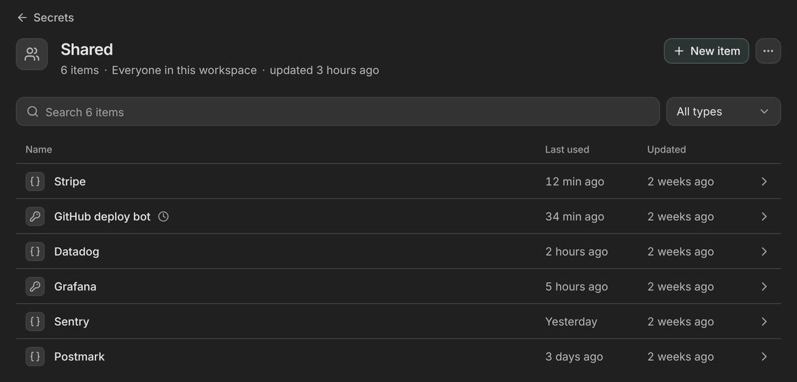 The Shared vault in Opengeni: Stripe, GitHub deploy bot, Datadog, Grafana, Sentry and Postmark, with when each was last used.