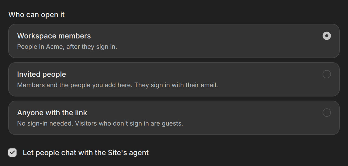 Publish to web in Opengeni: Who can open it, with Workspace members selected, Invited people and Anyone with the link, and Let people chat with the Site's agent ticked.