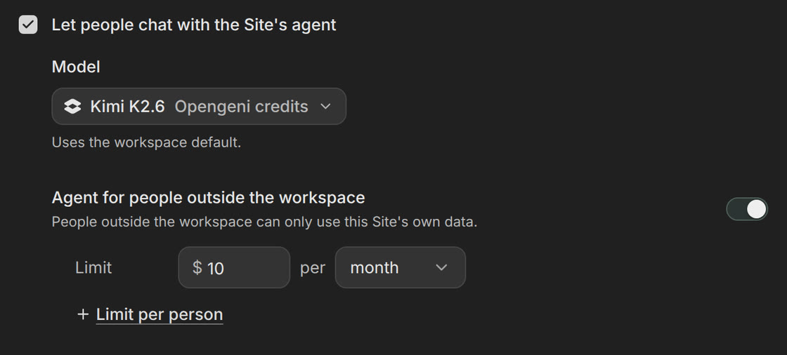 Site agent settings in Opengeni: Let people chat with the Site's agent, the model, and a $10 per month limit for people outside the workspace.