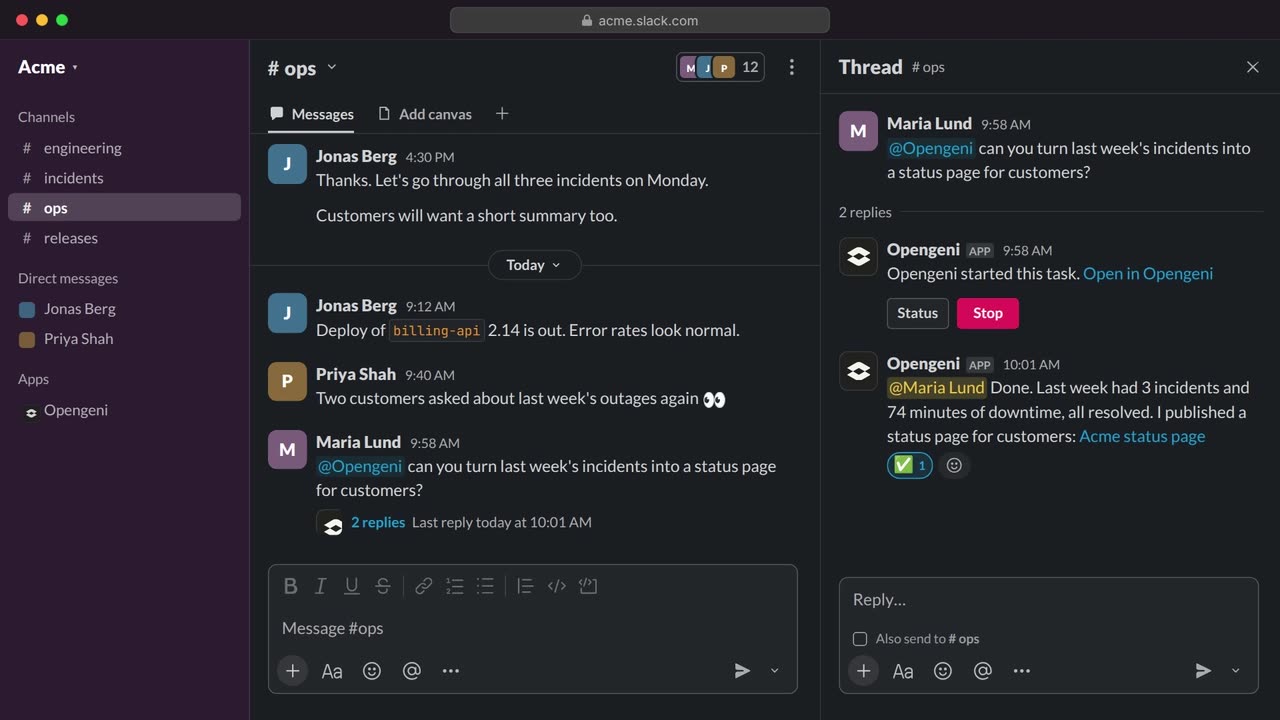 A recreation of Slack: a teammate asks @Opengeni to turn last week's incidents into a status page for customers, and Opengeni answers in the thread with a link to the page.